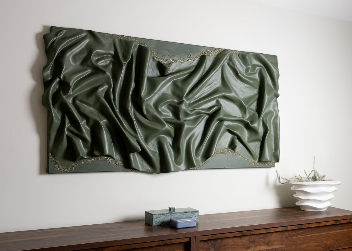 large wall sculpture, green wall art, 3d art piece, plaster, gold