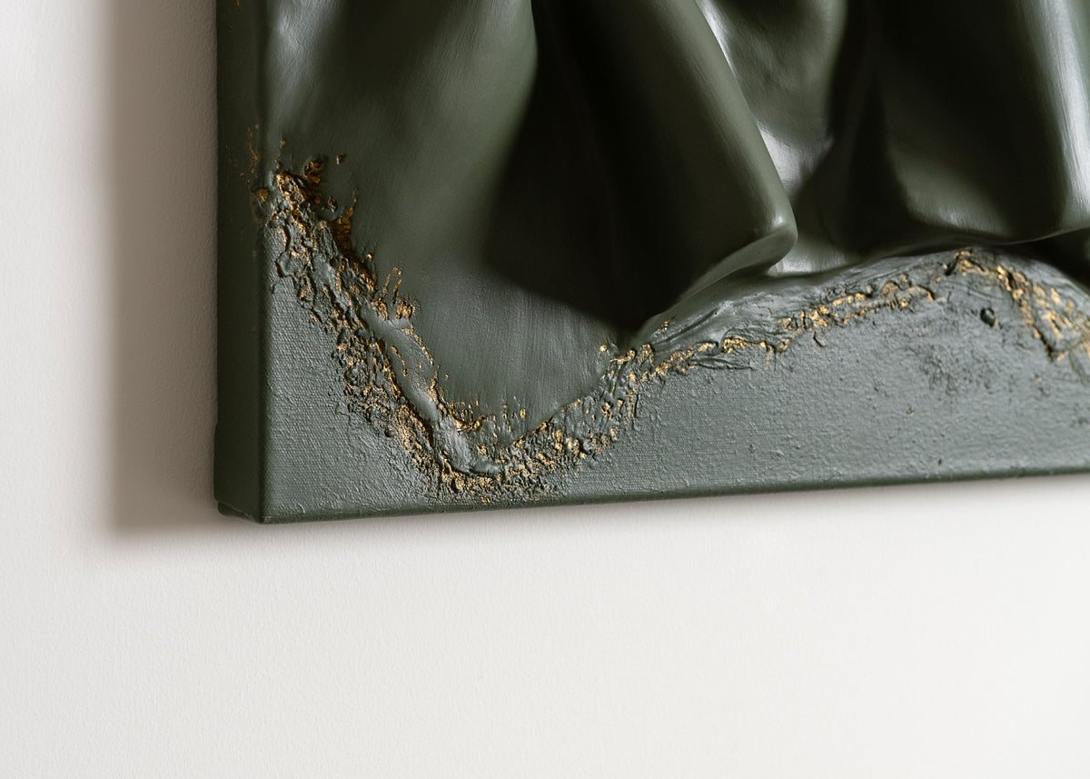 large wall sculpture, green wall art, 3d art piece, plaster, gold