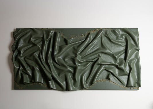 large wall sculpture, green wall art, 3d art piece, plaster, gold