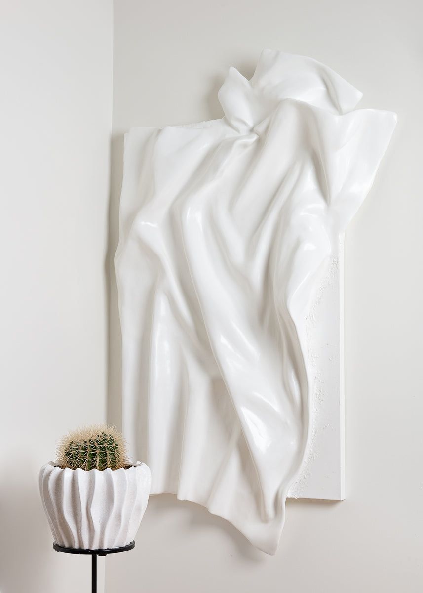 abstract wall sculpture, plaster, off white finish, 3d art piece